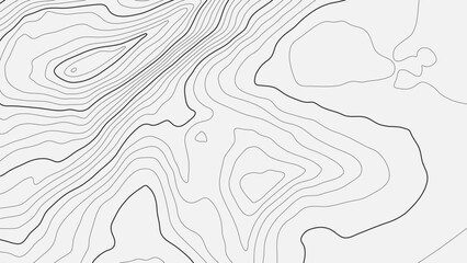 The stylized height of the topographic map contour in lines and contours. Black on gray. The concept of a conditional geography scheme and the terrain path. Wide Size. Vector illustration.