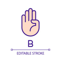 Letter B in American sign language pixel perfect RGB color icon. Visual communication system. Isolated vector illustration. Simple filled line drawing. Editable stroke. Arial font used