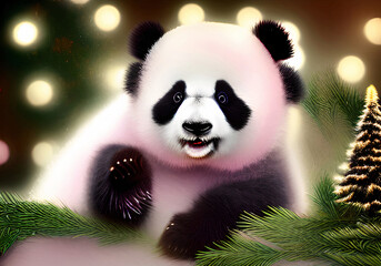 cute panda sits in a festive scenery