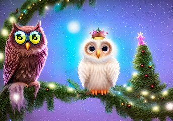 Fototapeta premium owl with crown on christmas tree