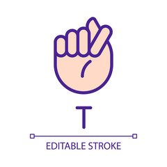 Letter T sign in ASL pixel perfect RGB color icon. Words building. Communication modality. Isolated vector illustration. Simple filled line drawing. Editable stroke. Arial font used