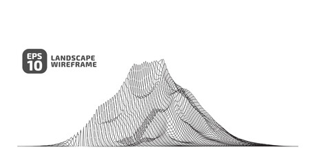 Abstract wireframe background. 3D grid technology illustration landscape. Digital Terrain Cyberspace in Mountains with valleys. Data Array. Parallel continuous lines. Black on White. Vector.