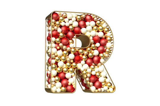 3D Christmas font of red, golden and white balls floating in a gold letter R shape. High quality 3D rendering.