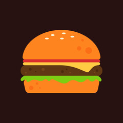 Cheeseburger icon. Hamburger with bun, tomato, lettuce, cheese, and meat. Junk food or unhealthy menu. Delicious burger meal or snack. Cute cartoon vector. Flat graphic design isolated illustration.