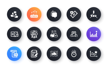 Minimal set of Cloud system, Receive file and Time flat icons for web development. Teamwork, Presentation, Music book icons. Mail letter, Stress grows, Rejected payment web elements. Vector