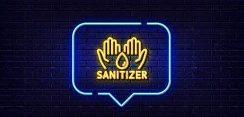 Neon light speech bubble. Hand sanitizer line icon. Sanitary cleaning sign. Washing hands symbol. Neon light background. Hand sanitizer glow line. Brick wall banner. Vector
