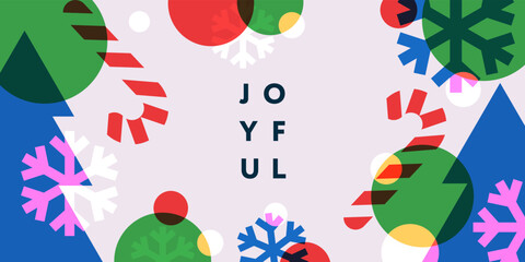 Merry Christmas and Happy New Year banner. Trendy modern Xmas design with typography, overlay elements, candy cane, snowflake, Christmas tree. Horizontal poster, greeting card, header for website