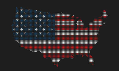 United States of America or USA map flag with grunge texture in mosaic dot style. Abstract pixel vector illustration of a country map with halftone effect for infographic. 