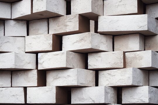 Stack of unused white silicate bricks outdoor close up.
