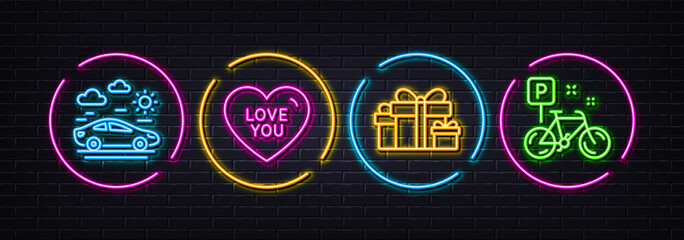 Holiday presents, Love you and Car travel minimal line icons. Neon laser 3d lights. Bike icons. For web, application, printing. Gift boxes, Sweetheart, Transport. Mountain bicycle. Vector