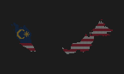 Malaysia map flag with grunge texture in mosaic dot style. Abstract pixel vector illustration of a country map with halftone effect for infographic. 