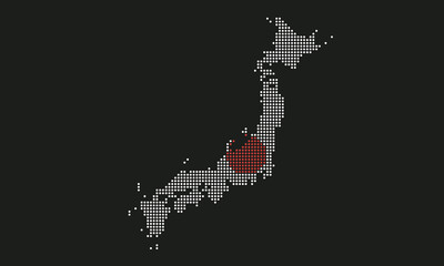 Japan map flag with grunge texture in mosaic dot style. Abstract pixel vector illustration of a country map with halftone effect for infographic. 