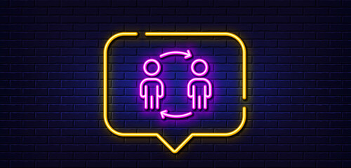 Neon light speech bubble. Teamwork workflow line icon. Business partnership sign. Job meeting symbol. Neon light background. Workflow glow line. Brick wall banner. Vector