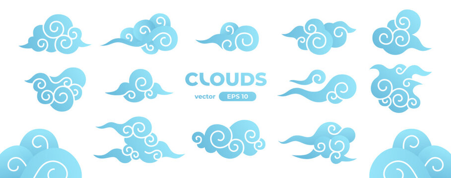 Chinese clouds set isolated on a white background. Japanese, Korean, asian traditional style elements. Signs and icons collection. Blue color. Simple cartoon design. Flat style vector illustration.
