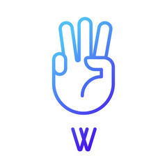 Letter W in American sign language pixel perfect gradient linear vector icon. Nonverbal communication. Gestures system. Thin line color symbol. Modern style pictogram. Vector isolated outline drawing
