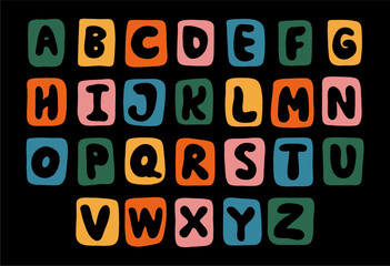 Quirky colorful groovy typeface in a square, retro style, children's typeface. Ideal for posters, collages, clothing, music albums and more.