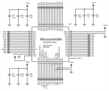 Graphic symbol of central processor on the diagram.
Schematic diagram of electronic device. 
Vector drawing electrical circuit with microcontroller, 
capacitor, ground and power symbols