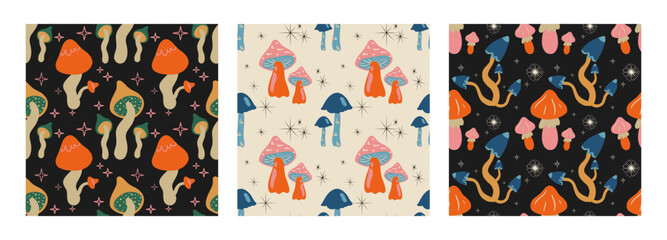 Set of Seamless vector pattern with cute cartoon colorful forest mushrooms. Creative design for printing on fabric, wallpaper and scrapbooking.