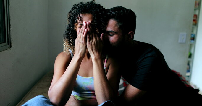 Hispanic Couple Consoling Each Other. Partner Helping Woman Emotional Support