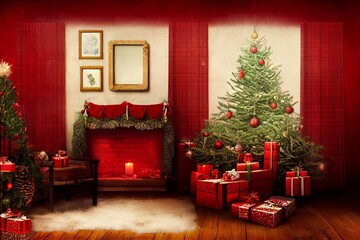 Cozy vintage Christmas holdiay decorated room with red walls and curtains, Christmas tree, fireplace, candles, toys, fur carpet and tartan plaid armchair.