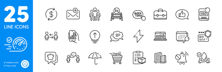 Outline icons set. Usd exchange, Flood insurance and Energy icons. Calendar, Text message, Umbrella web elements. Feedback, Shopping cart, Speedometer signs. Buildings. Vector