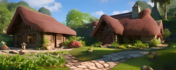 Bright sunny day in a Fantasy cozy fairytale village hidden in a beautiful forest. Warm sunlight. Beautiful fairy scene. Calm rural wallpaper. Photorealistic 3D render