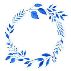 Fototapeta na wymiar Watercolor wreath of blue leaves and branches. Hand painted botanical composition in indigo blue. Isolated on transparent. Perfect for cards and invitations.