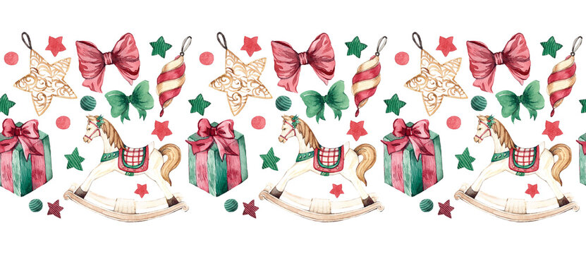 Watercolor seamless wide christmas border on white background. Design Christmas and New Year elements for decoration. Rocking horse, Christmas decorations, balls, bows.
