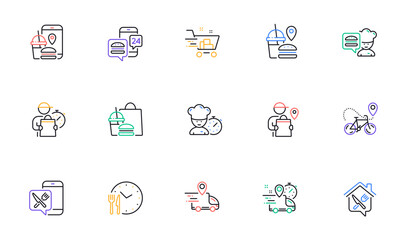 Food delivery line icons. Courier, Deliveryman, Grocery retail. Delivery truck, meal bag, home food order icons. Cart deliver, contactless service, courier location. Fast food package. Vector