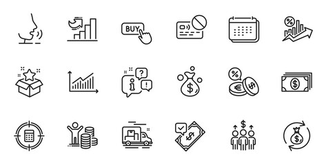 Outline set of Loan percent, Card and Banking line icons for web application. Talk, information, delivery truck outline icon. Include Buy button, Graph, Calculator target icons. Vector