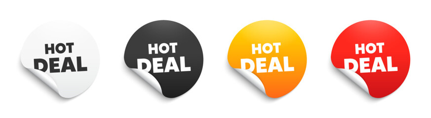 Hot deal text. Round sticker badge with offer. Special offer price sign. Advertising discounts symbol. Paper label banner. Hot deal adhesive tag. Vector