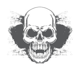 Vector illustration of a brutal and evil skull for print, poster, banners, advertising, black and white skull for tattoo parlors, bikers, barbershops, stylish dramatic skull face in grunge style, 