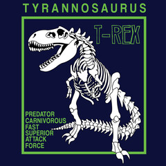 TYRANNOSAURUS REX SKELETON WITH ITS SPECIFICATIONS ON NAVY BLUE BACKGROUND
