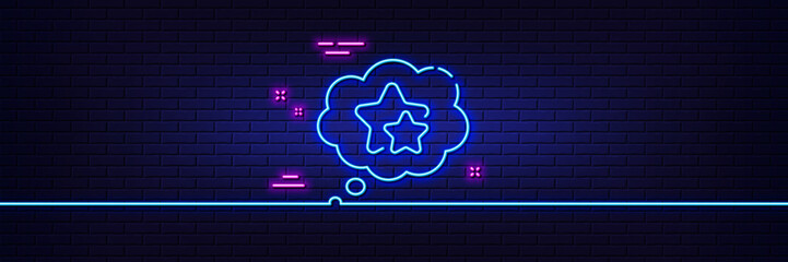 Neon light glow effect. Ranking stars speech bubble line icon. Star rating sign. Best rank symbol. 3d line neon glow icon. Brick wall banner. Ranking stars outline. Vector