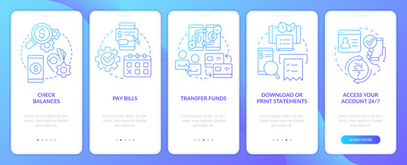 Online banking pros blue gradient onboarding mobile app screen. Digital wallet walkthrough 5 steps graphic instructions with linear concepts. UI, UX, GUI template. Myriad Pro-Bold, Regular fonts used