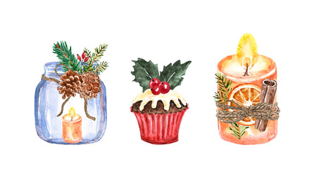 Christmas decor set. Candle with a dried orange slice, jar lantern, cupcake with holly. Watercolor holiday elements, isolated on white background. - obrazy, fototapety, plakaty