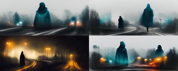 A moody double expsoure concept of a hooded figure over layered on a straight road with street lights on a foggy winters night. With a grunge, abstract, edit