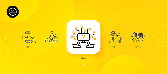 Fototapeta na wymiar Creative idea, Messenger mail and Hold box minimal line icons. Yellow abstract background. Teamwork question, Budget accounting icons. For web, application, printing. Vector