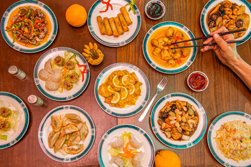 Set of mainly Asian and Chinese dishes, udon noodles with vegetables and shrimp, gyozas, hand with chopsticks, arron three delights, shiitake, spicy shrimp with vegetables and shrimp tempura