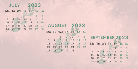 
Calendar 2023 by quarter.Months June August September.Week starts on Monday.