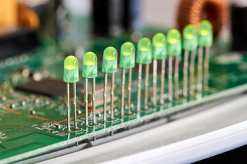 Closeup of LED indicators on the printed circuit board of the router