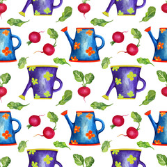 Watercolor pattern with vegetables and garden watering can. Transparent layer.