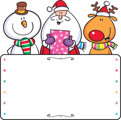 Christmas card cartoon design of Santa, Rudolph the red-nosed reindeer and a snowman above a blank background sign.