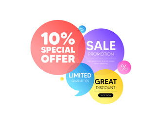 Discount offer bubble banner. 10 percent discount offer tag. Sale price promo sign. Special offer symbol. Promo coupon banner. Discount round tag. Quote shape element. Vector
