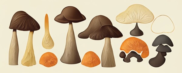 Cartoon mushrooms. Poisonous and edible mushroom, chanterelle, cep, amanita and truffle isolated vector illustration set. Forest wild mushrooms types. Organic porcini and chanterelle, poisonous fungus