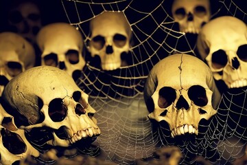 Collection of skulls and bones covered with spider web and dust in the catacombs. Numerous creepy skulls in the dark. Abstract concept symbolizing death, terror and evil.