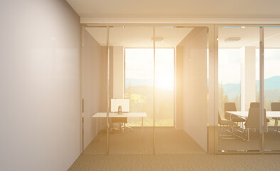 Modern office building interior. 3D rendering.. Sunset.