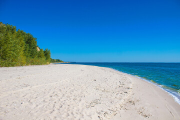 Beach with white sand near mountain Pivikha situated on the shores of Kremenchuk water reservoir...