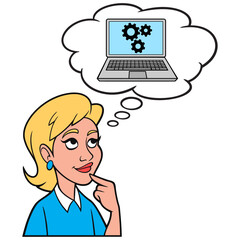 Girl thinking about Computers - A cartoon illustration of a Girl thinking about Computer laptop.
