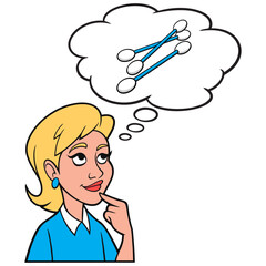 Girl thinking about Cotton Swabs - A cartoon illustration of a Girl thinking about using Cotton Swabs to clean her ears.